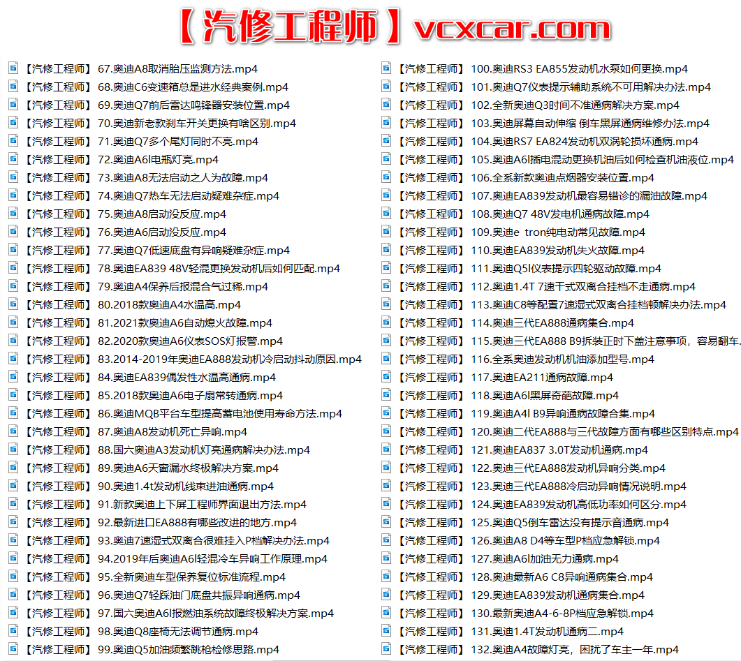 📂奥迪 | Audi 2022年 最新精选各类疑难故障 维修视频教程 解决方案和分析方法 汇总 300集 (10.3G)